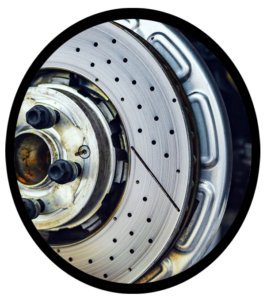 An automobile wheel with tire removed exposing the brake rotor