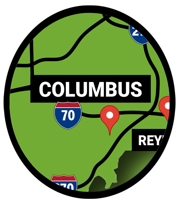 An illustrated map of the general Columbus, Ohio region