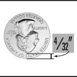 A graphic showing 4/32 of an inch between top of Washington's head and the top of the quarter