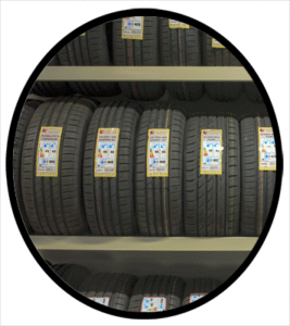A retail rack of new automobile tires