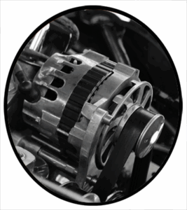 A newly repaired alternator installed in an automobile engine