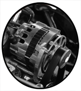 A newly repaired automobile alternator installed in an engine