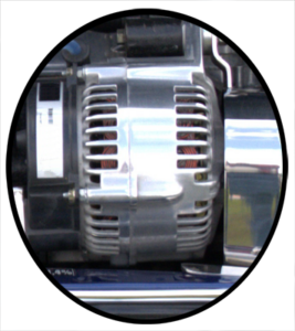 A newly installed automobile alternator on an engine