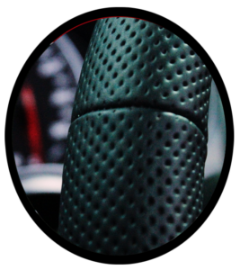 The steering wheel from an automobile interior